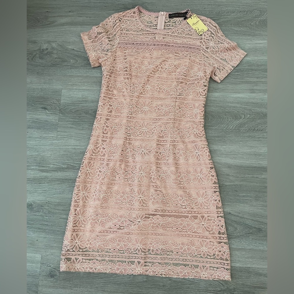 Pink lace dress. Looks really good. Too big for me.